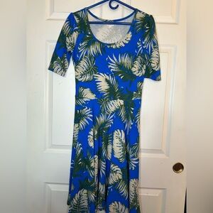 Lula Roe, Blue and Green Tropical Print Dress, Size M